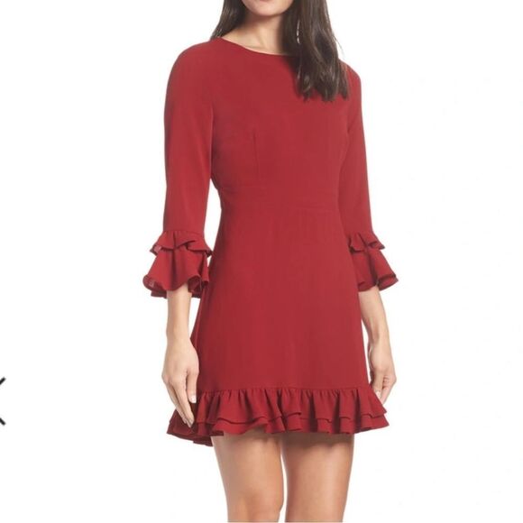 BB DAKOTA Tiered Ruffle Trim Crepe Dress In Rouge NWT - Picture 1 of 9